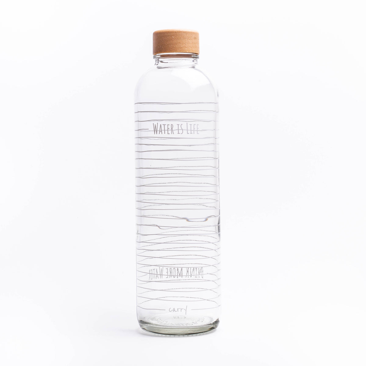 Minimalistische 1L Glasflasche mit Water is Life Design – perfekt als stilvolle Wasserkaraffe für Zuhause