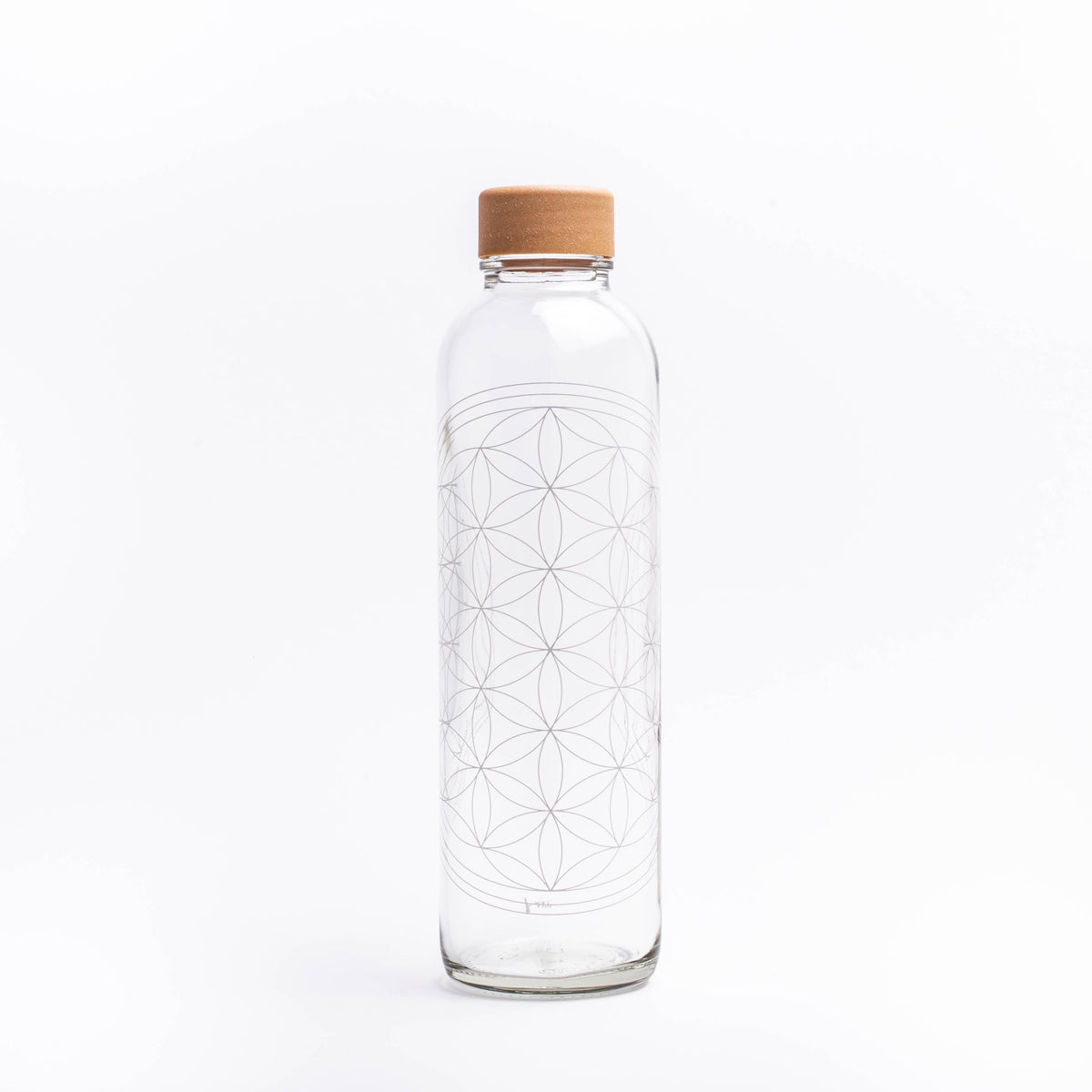 Glastrinkflasche mit weißer Blume des Lebens