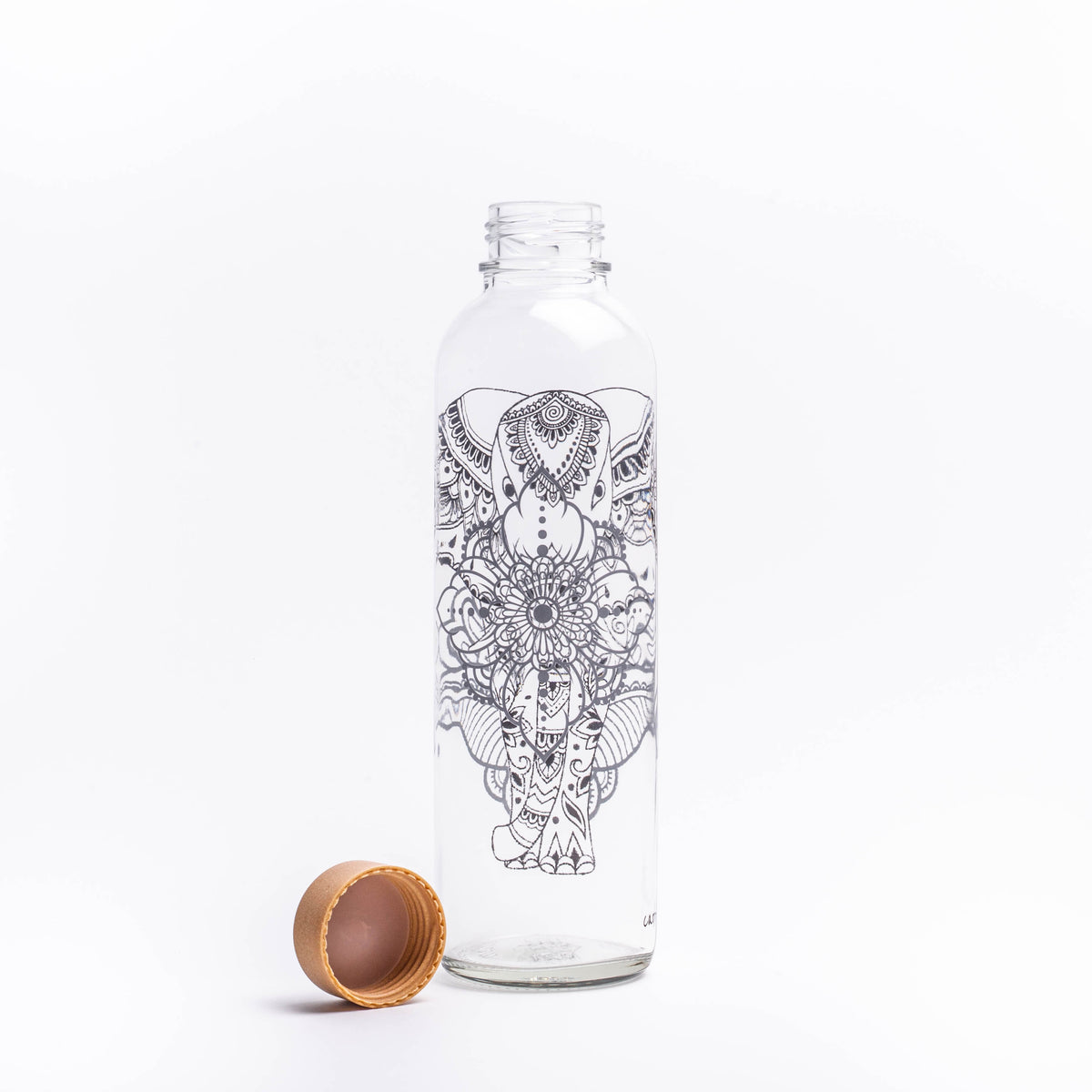 Glastrinkflasche mit Elefant und Mandala mit Verschluss links